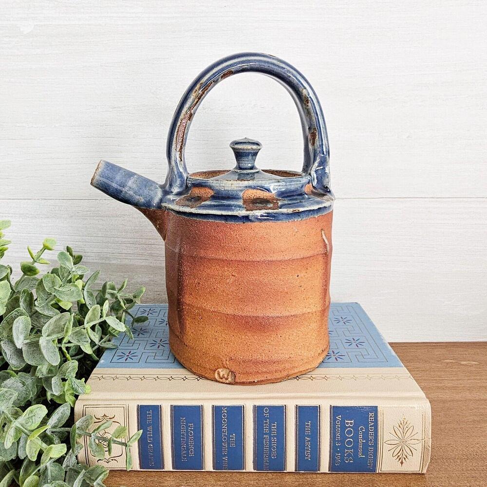 Studio Art Pottery Teapot  Primitive Blue Glaze Stoneware Artist Signed W